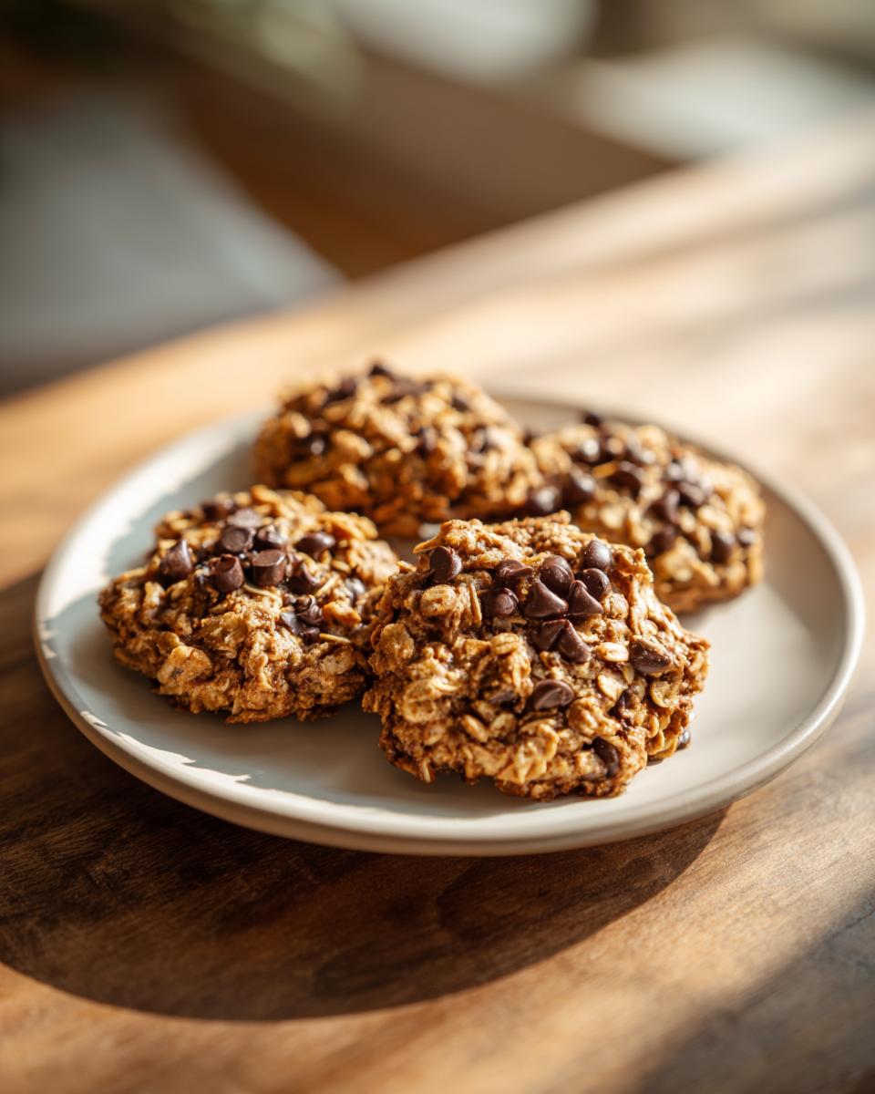 Four homemade breakfast cookies packed with oats and topped with chocolate chips sitting on a small white plate.