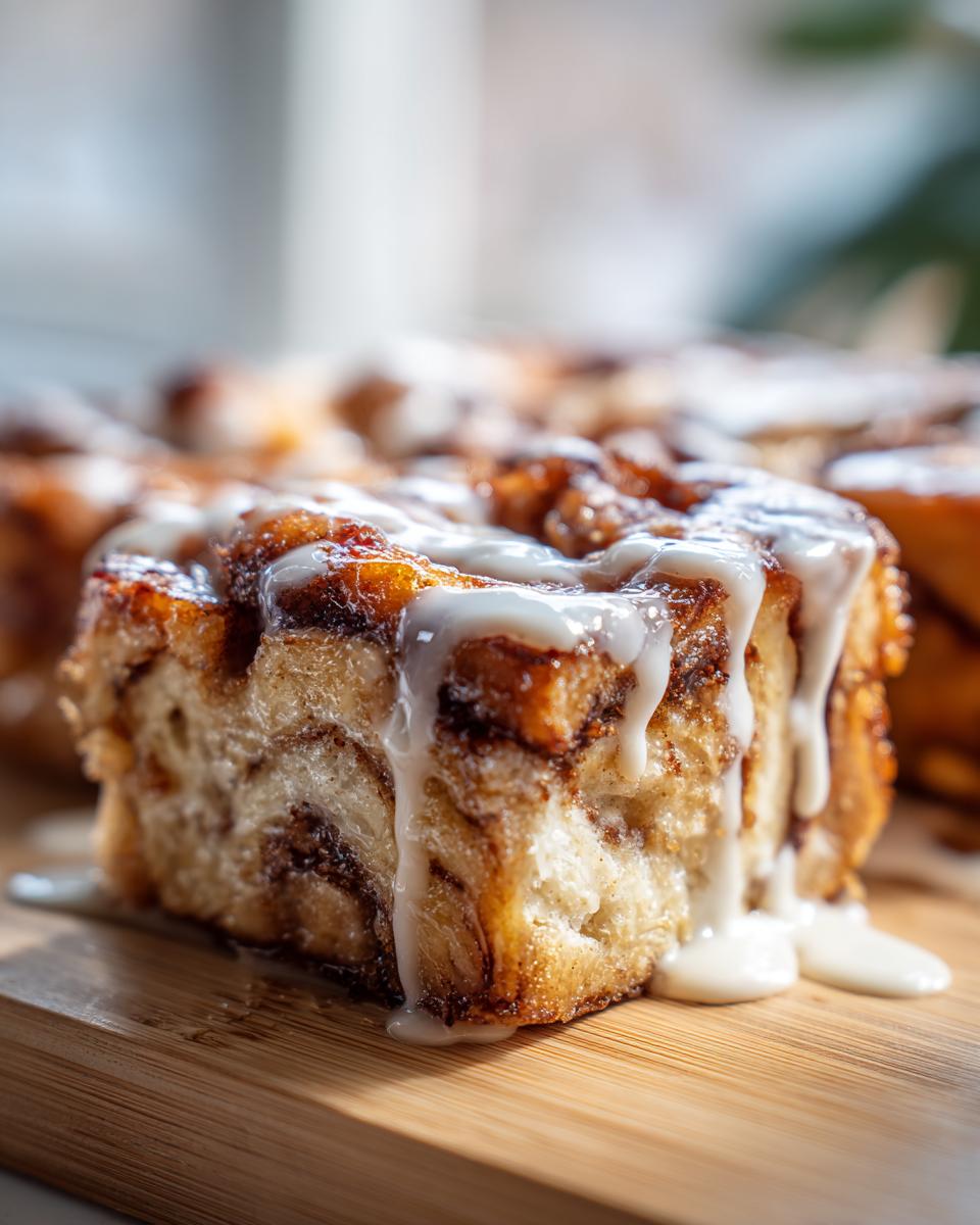 A close-up of a square piece of cinnamon roll french toast generously drizzled with white icing.