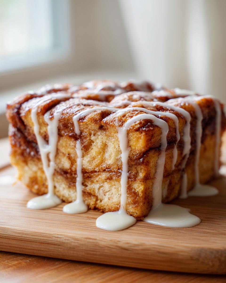 A thick slice of cinnamon roll french toast drizzled heavily with white vanilla glaze.