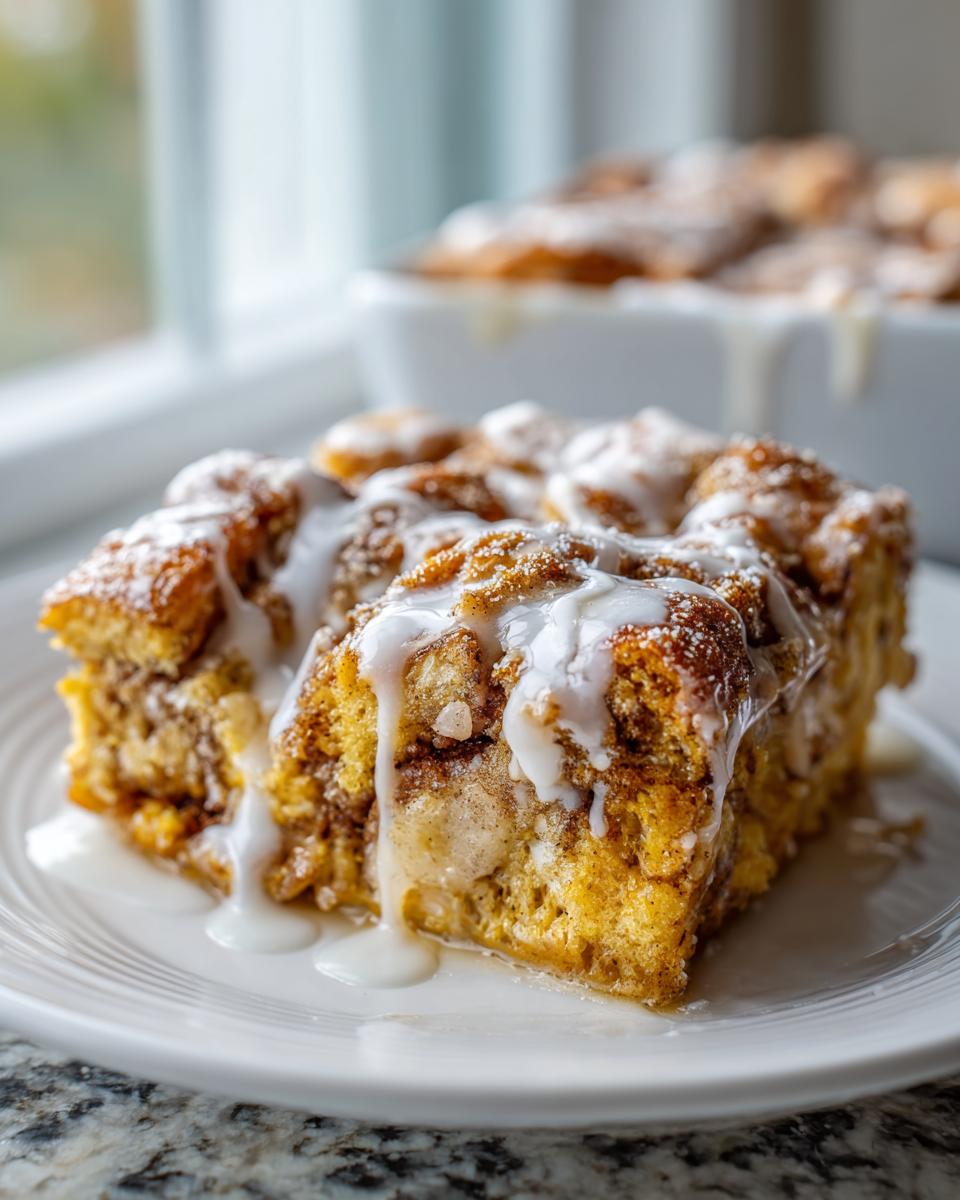 A close-up of a square serving of cinnamon roll french toast drizzled heavily with white icing.