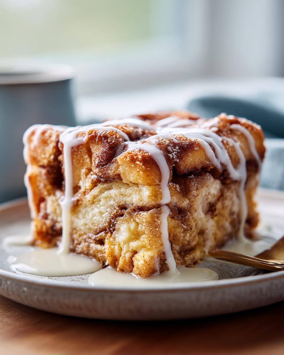 A thick, square serving of cinnamon roll french toast drenched in white vanilla glaze, sitting on a plate.