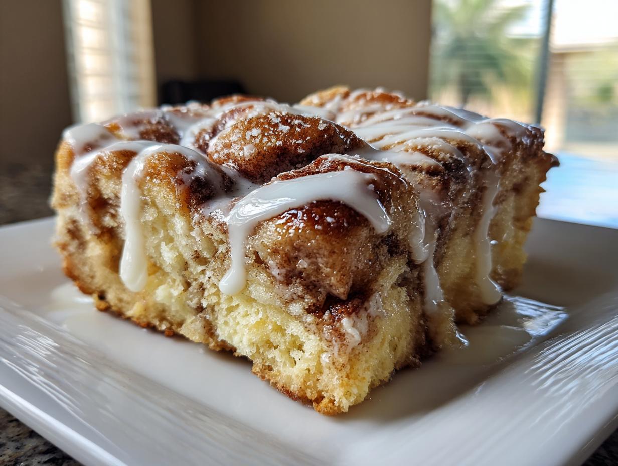 A close-up of a thick slice of cinnamon roll french toast topped with dripping vanilla glaze.