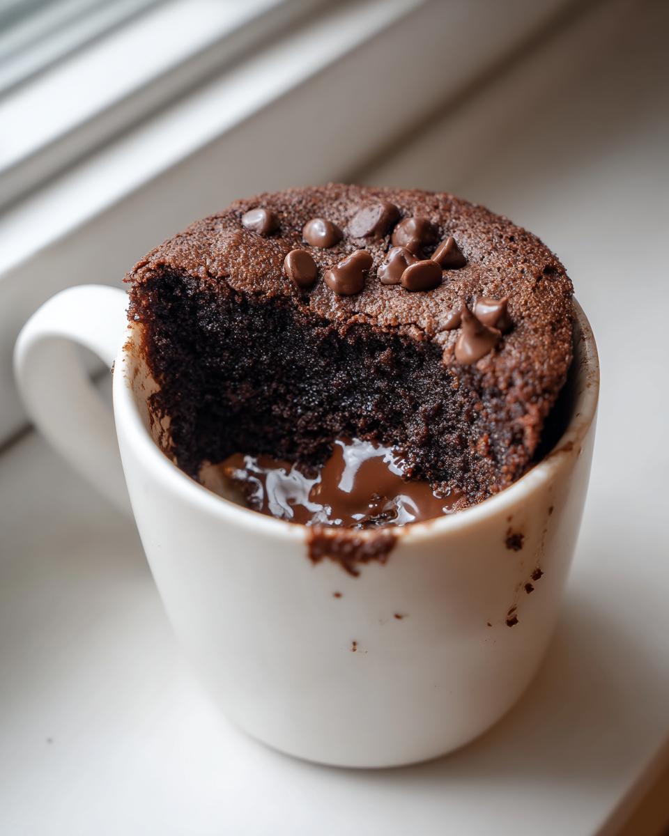 Close-up of a rich, dark chocolate Cottage Cheese Microwave Brownie with a bite taken out, revealing a gooey center.