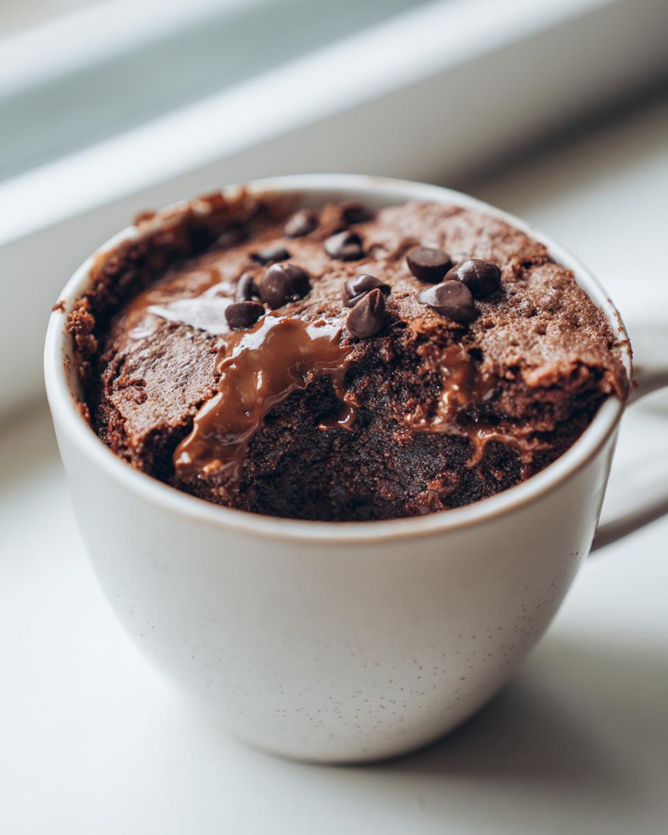 Close-up of a rich, dark chocolate Cottage Cheese Microwave Brownie topped with melted chocolate chips in a white mug.