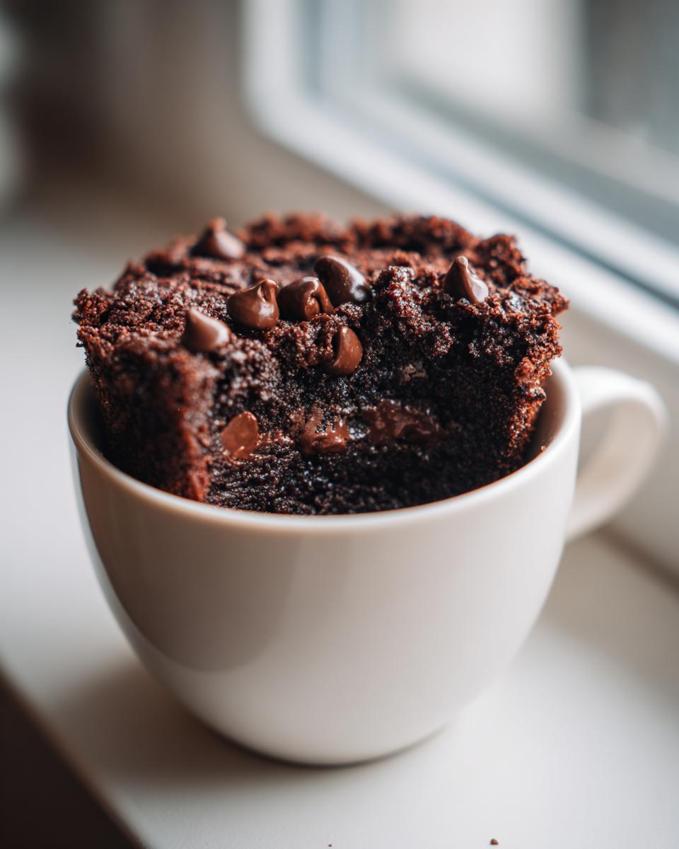 A rich, dark chocolate Cottage Cheese Microwave Brownie topped with chocolate chips, served in a white mug.