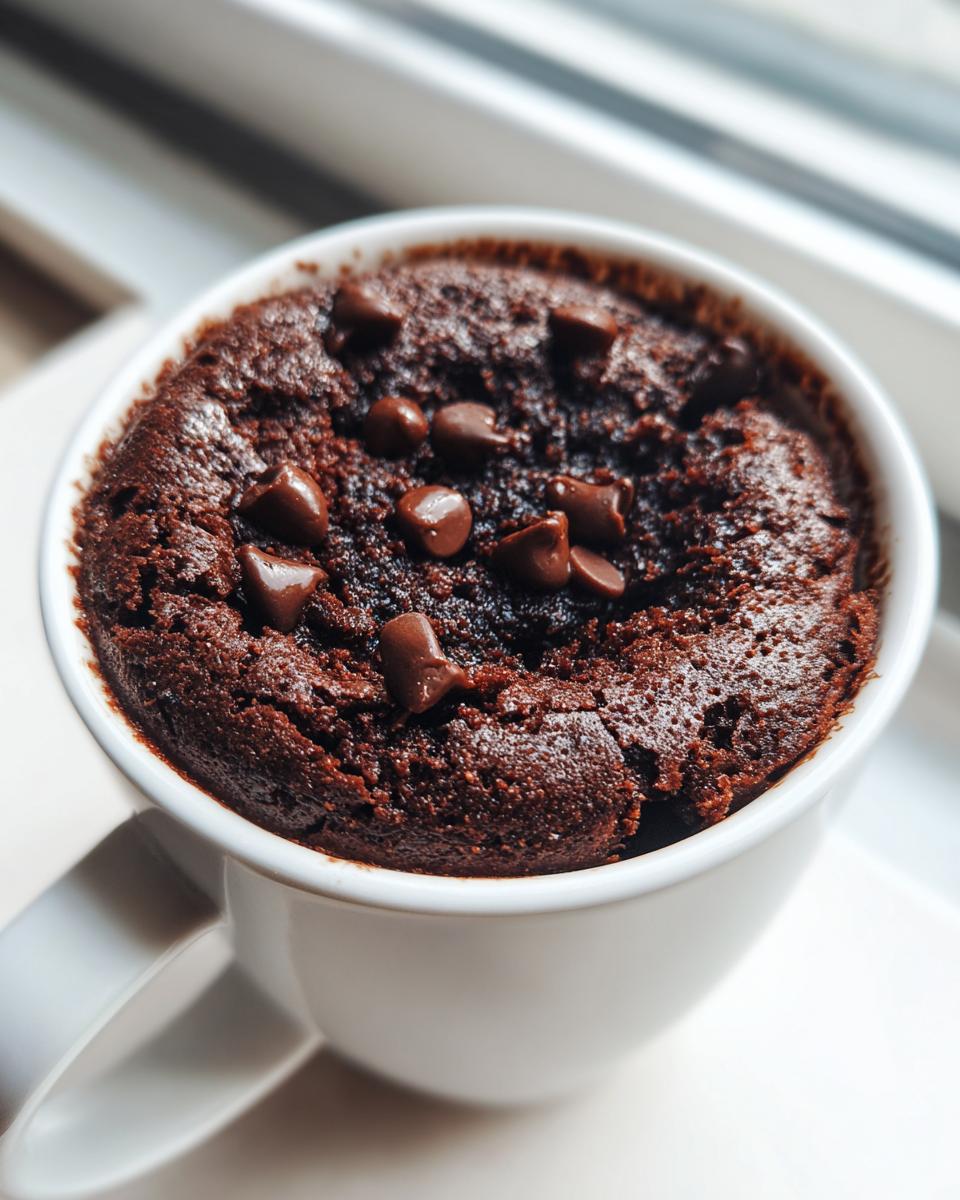 Close-up of a rich, dark chocolate Cottage Cheese Microwave Brownie topped with chocolate chips in a white mug.