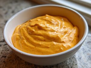 Close-up of a thick, vibrant orange beer cheese dip swirled in a small white bowl.