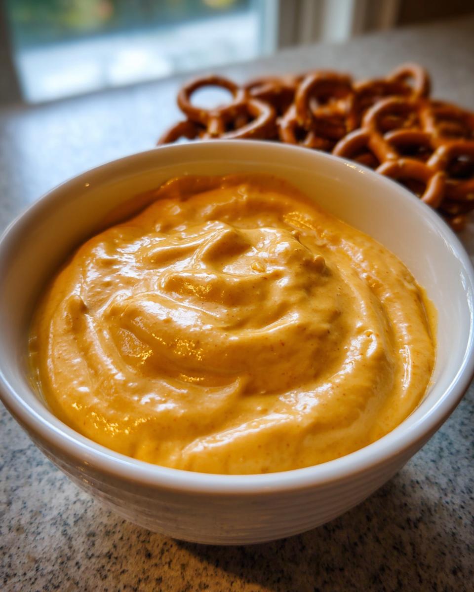 Close-up of a bowl of creamy, orange beer cheese dip with soft peaks, pretzels blurred in the background.