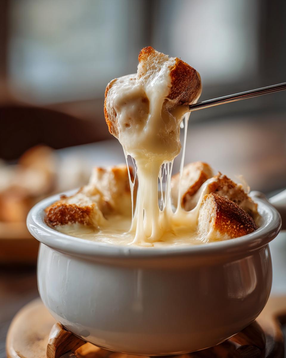 A piece of toasted bread is lifted from a white pot, dripping with melted, stringy cheese from a cheese fondue recipe.