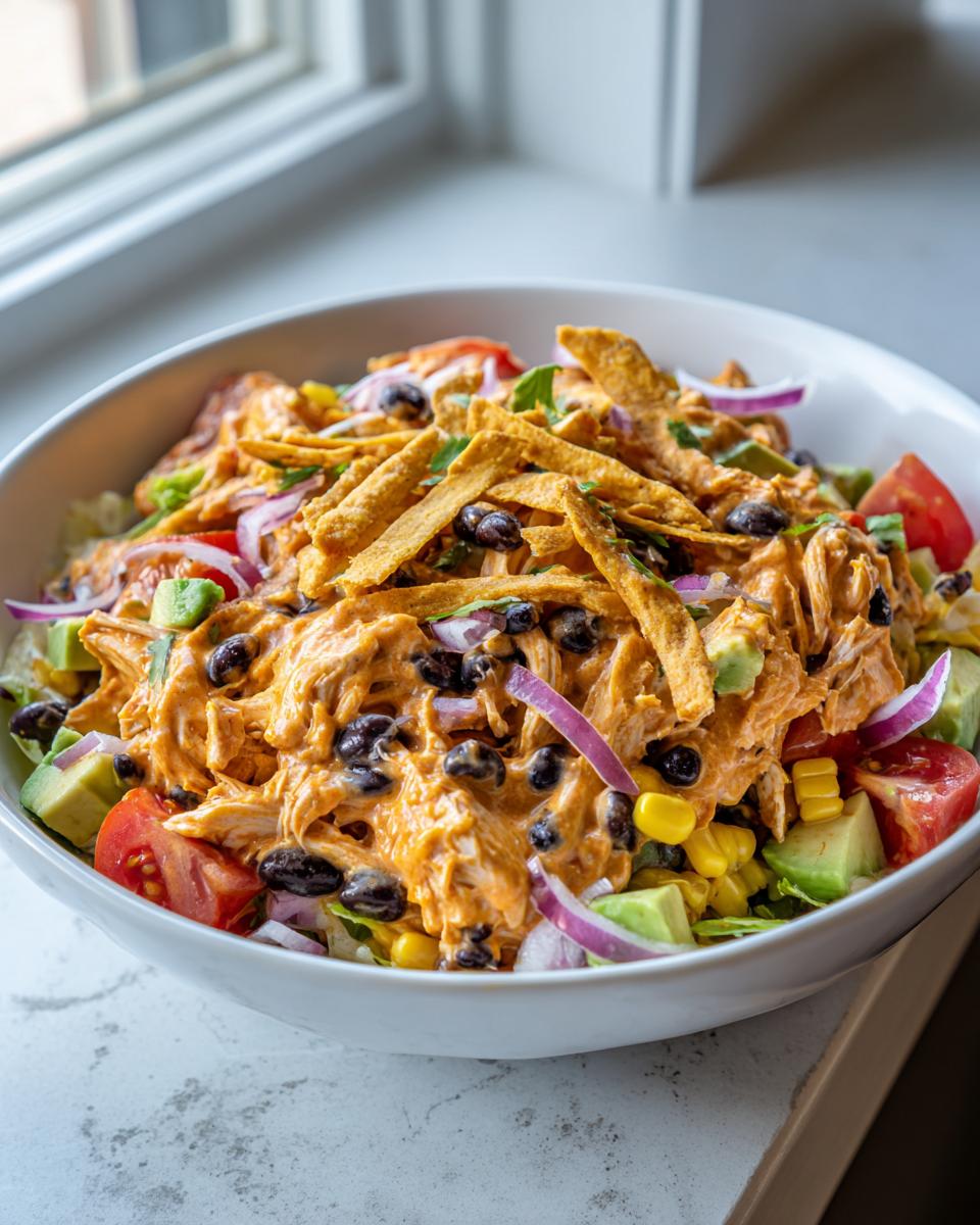 Close-up of a creamy chicken southwest salad topped with black beans, corn, avocado, and tortilla strips.