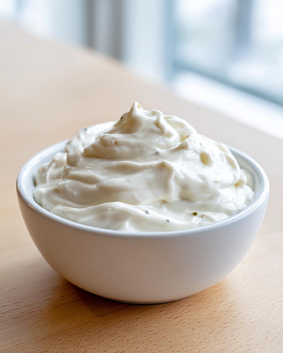 A close-up of thick, creamy homemade garlic aioli served in a small white bowl on a wooden surface.