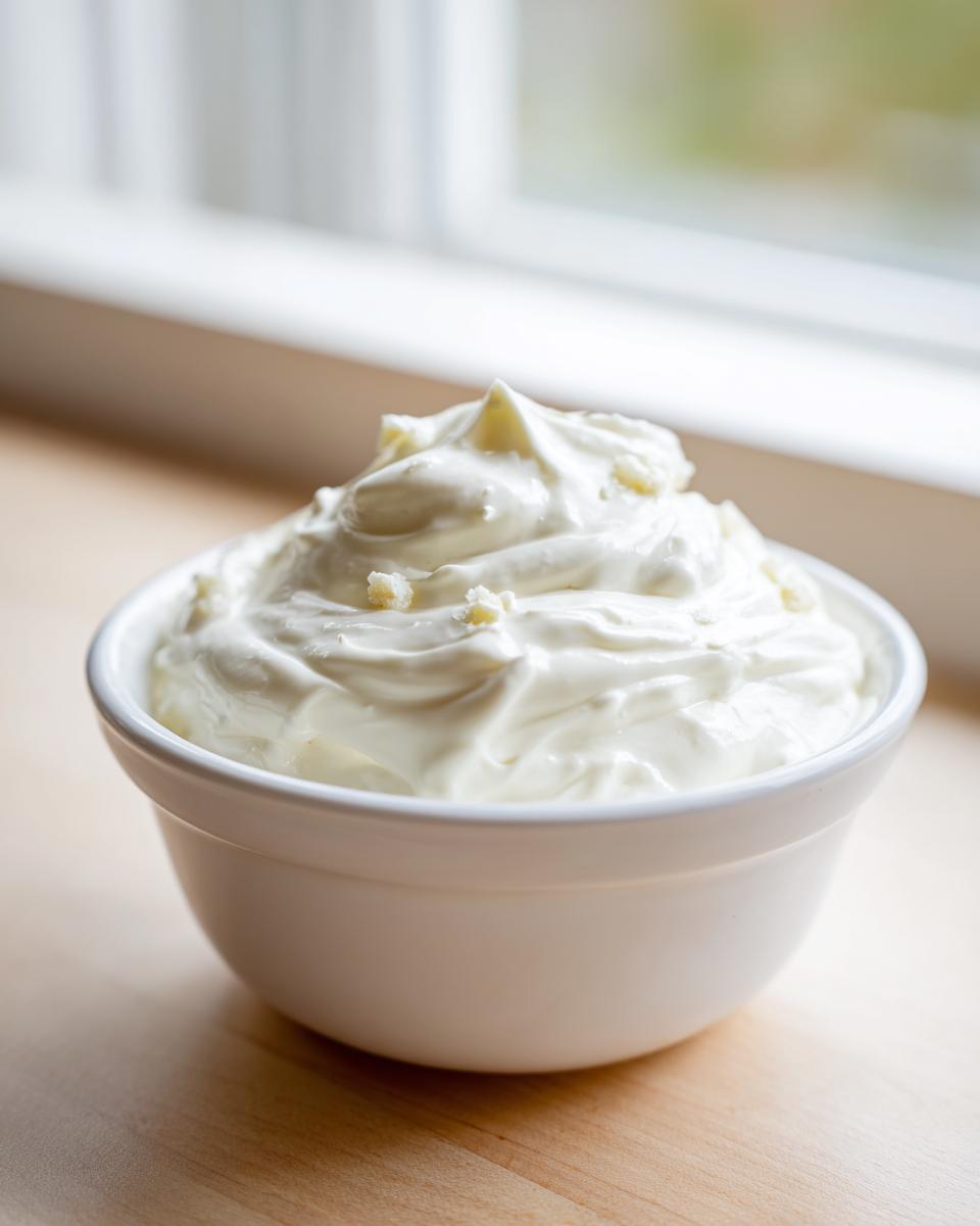 A white bowl filled with thick, creamy homemade garlic aioli, garnished with small bits of garlic, set on a wooden surface.