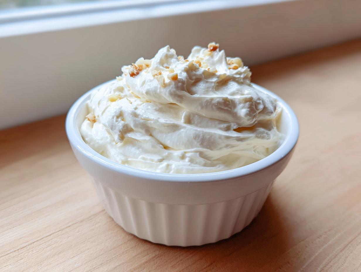 A small white ramekin filled with thick, creamy homemade garlic aioli, garnished with small specks on top.