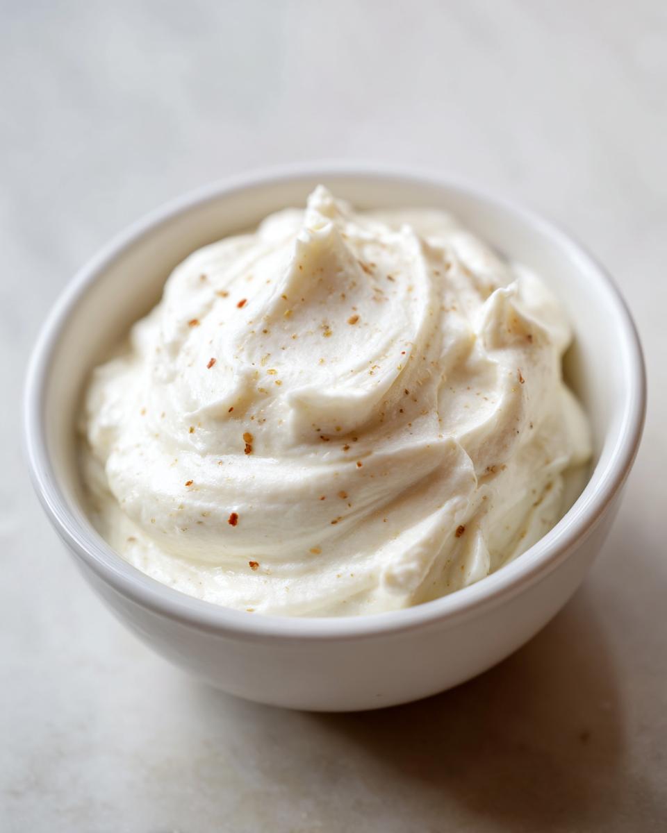 A close-up of thick, creamy white horseradish sauce swirled in a small white bowl, lightly sprinkled with spices.