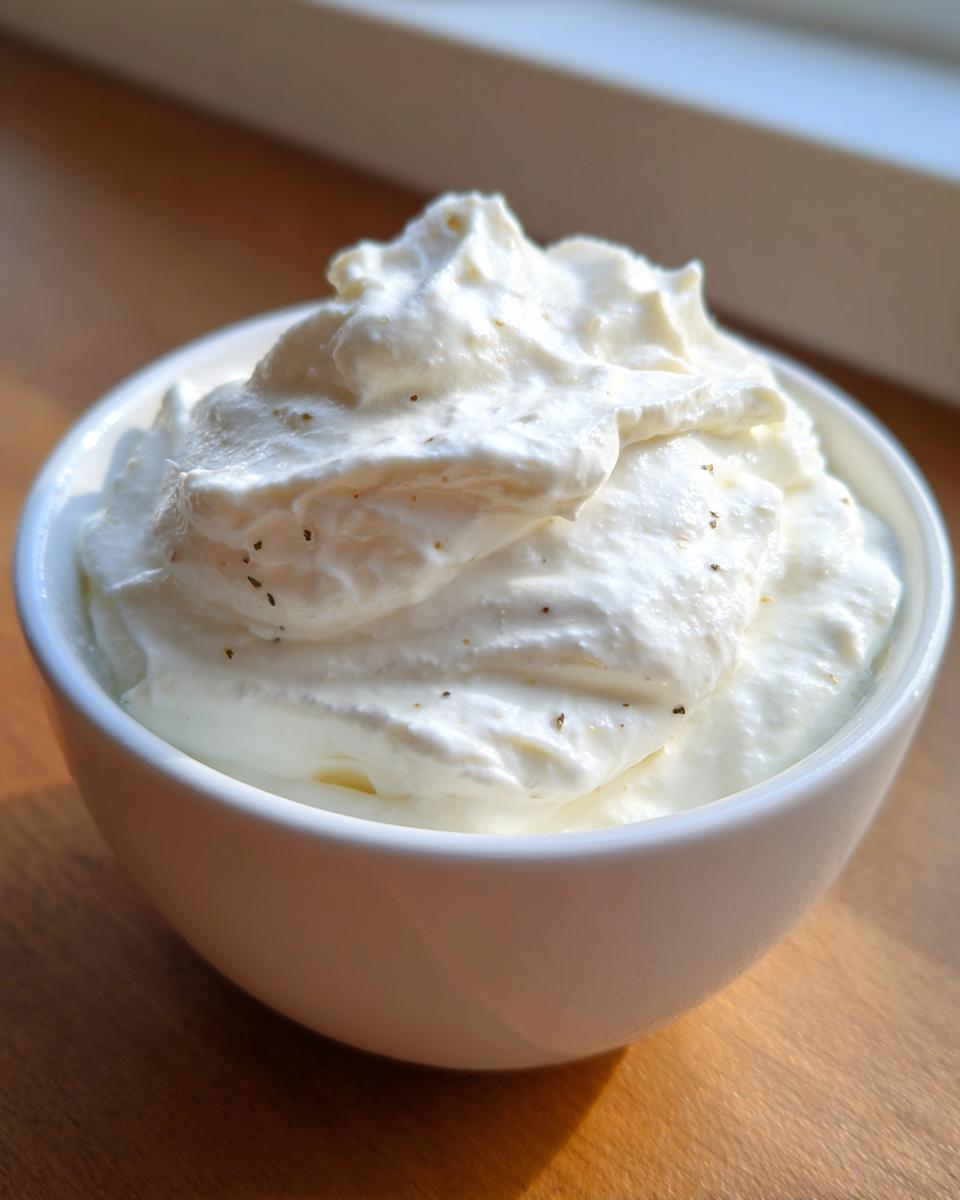 A close-up of fluffy, white homemade horseradish sauce topped with pepper flakes in a small white bowl.