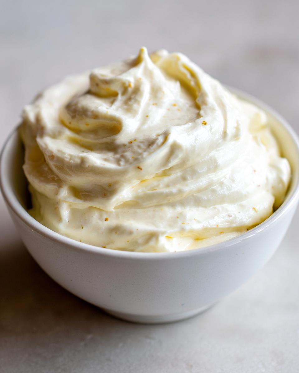 A close-up of fluffy, creamy horseradish sauce swirled high in a small white bowl.