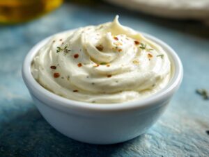 Close-up of a small white bowl filled with creamy, swirled horseradish sauce, topped with herbs and chili flakes.
