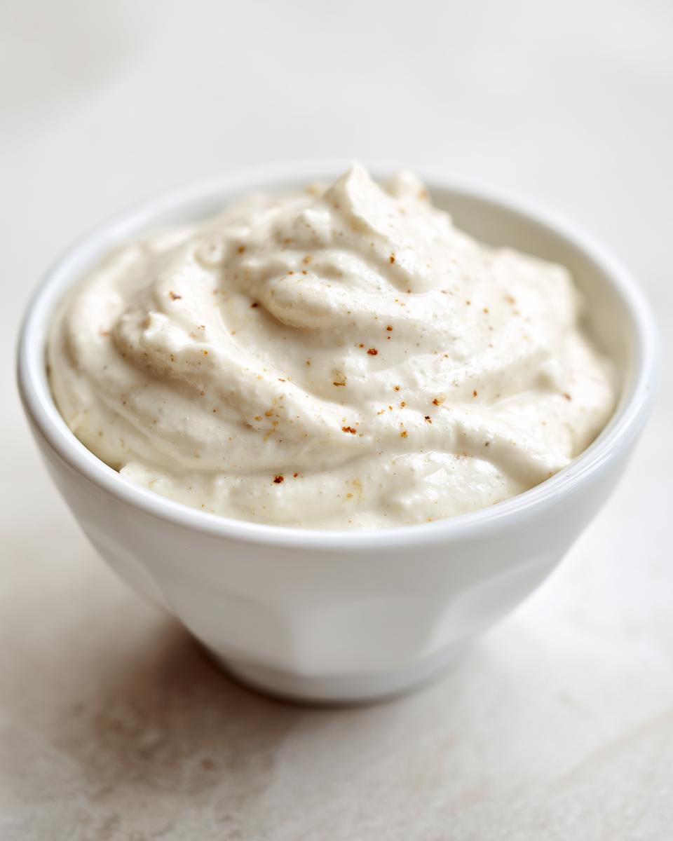 Close-up of thick, creamy homemade horseradish sauce sprinkled with spices in a small white bowl.