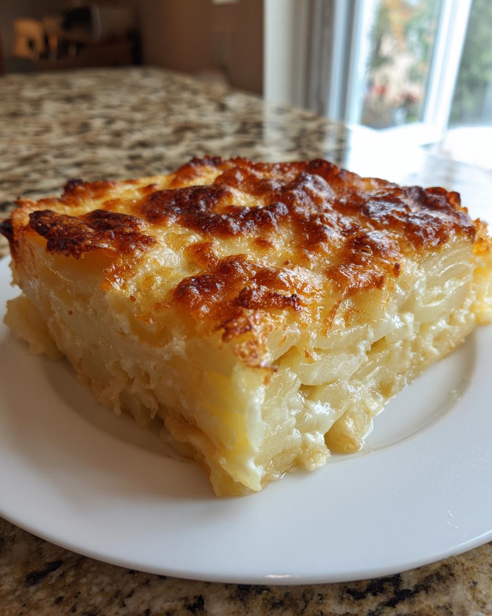 A generous slice of creamy scalloped potatoes with a beautifully browned and bubbly cheese topping served on a white plate.