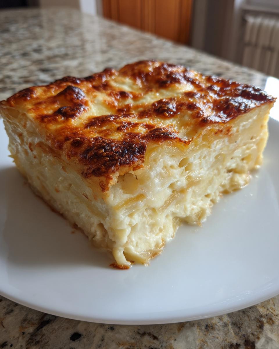 A thick, square slice of creamy scalloped potatoes with a golden brown, cheesy top, served on a white plate.