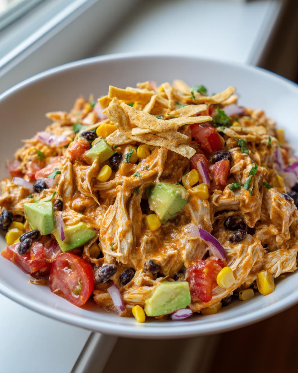 A close-up of a creamy southwest salad featuring shredded chicken, avocado, black beans, corn, and tortilla strips.