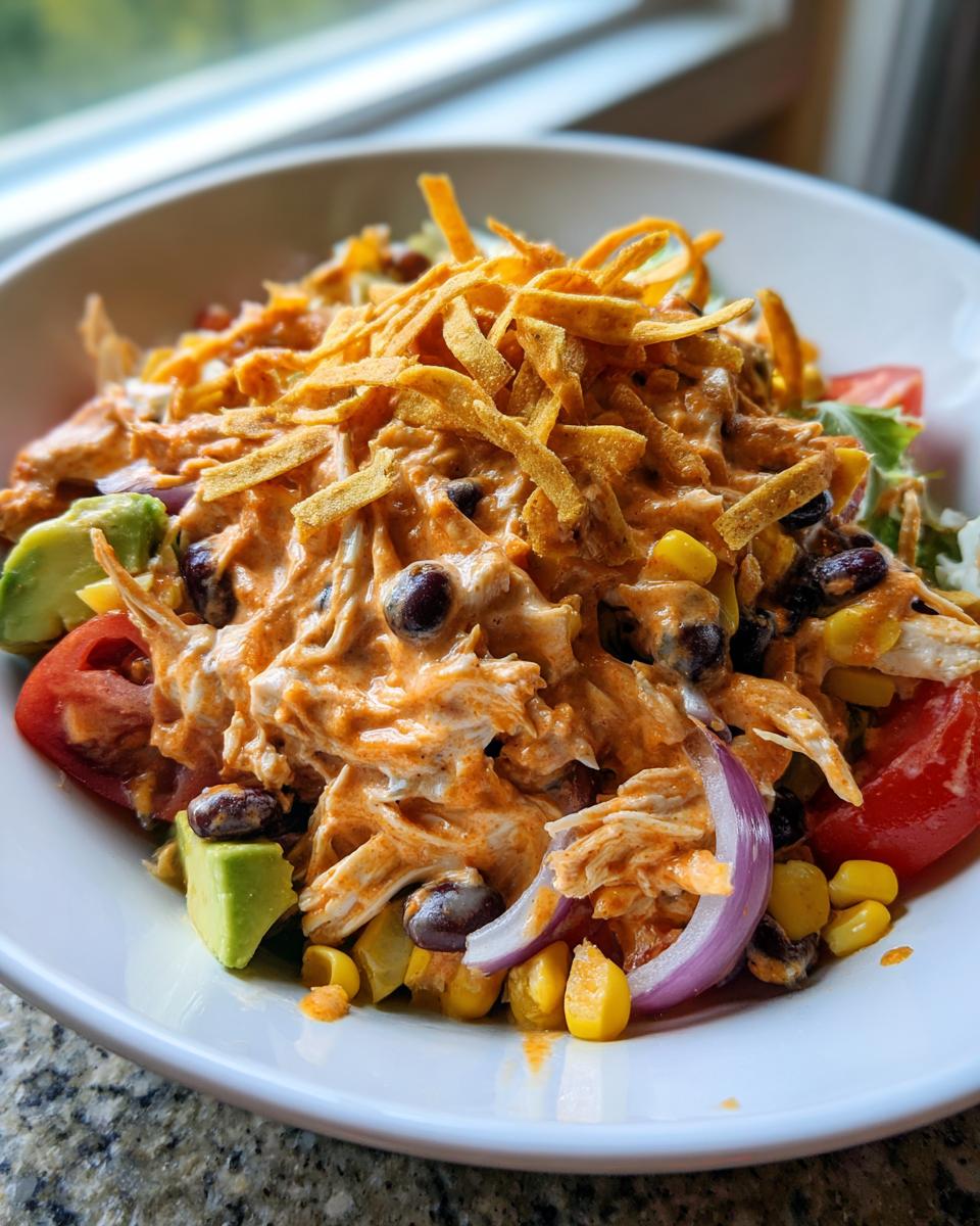 A vibrant bowl of southwest salad featuring shredded chicken, black beans, corn, avocado, and a creamy orange dressing, topped with tortilla strips.