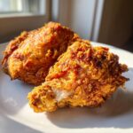 Two pieces of golden brown, crispy air fryer fried chicken resting on a white plate, showing the white meat inside one piece.