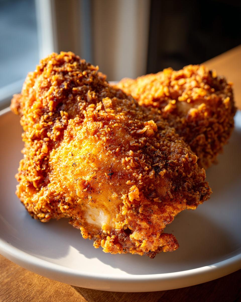 Two pieces of golden brown, crispy air fryer fried chicken resting on a white plate.