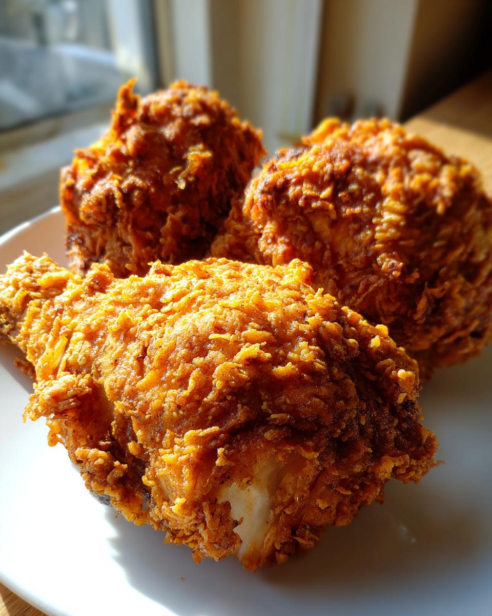 Close-up of three pieces of crispy, golden-brown air fryer fried chicken with visible crunchy coating.