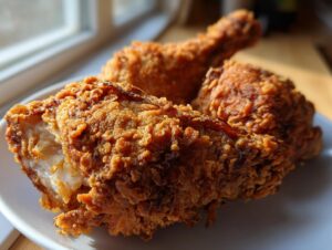 Close-up of three pieces of crispy, golden-brown air fryer fried chicken served on a white plate near a window.