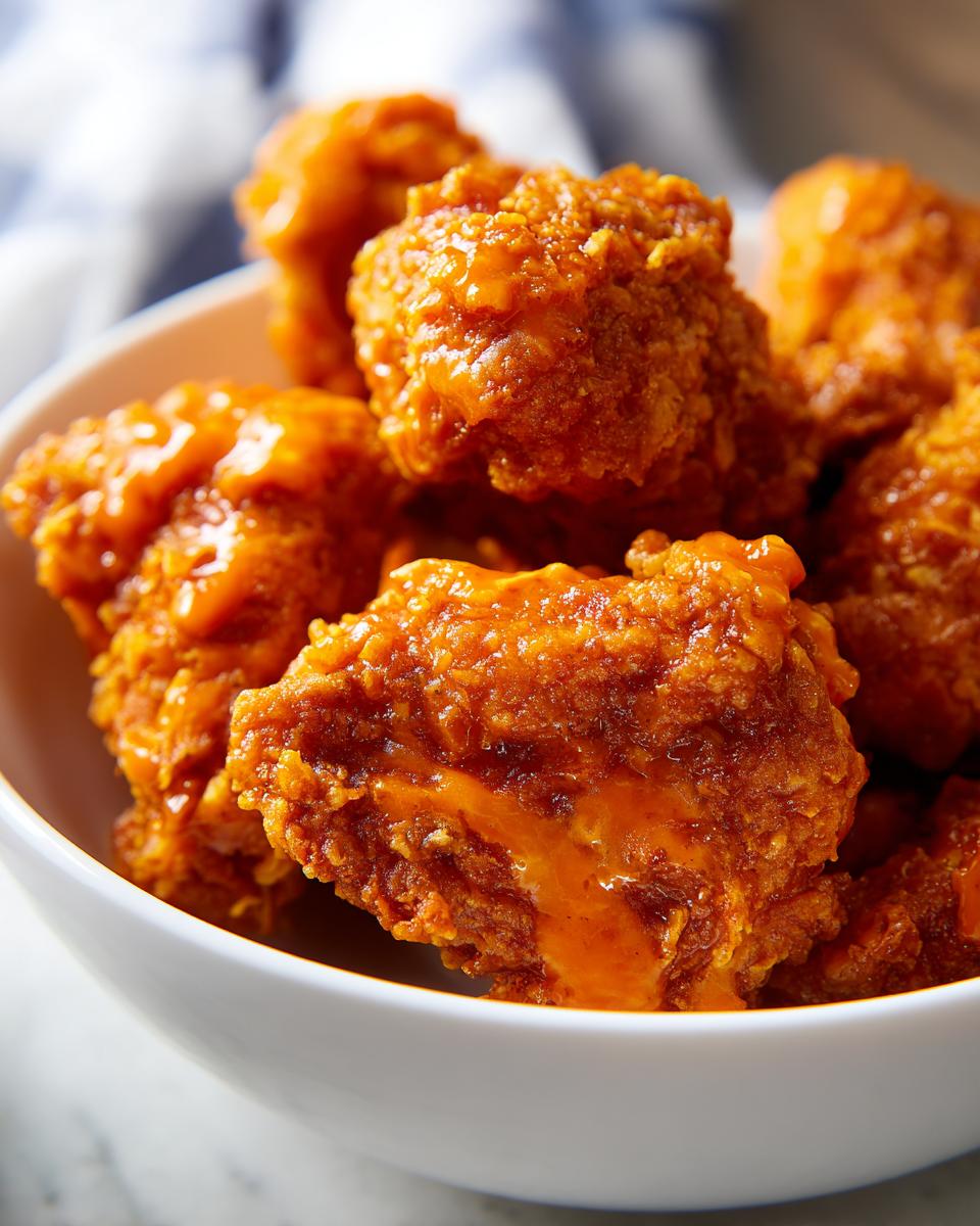 Close-up of crispy, saucy pieces of Bang Bang Chicken piled high in a white bowl.