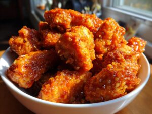 Close-up of crispy, saucy Bang Bang Chicken pieces piled high in a white bowl.