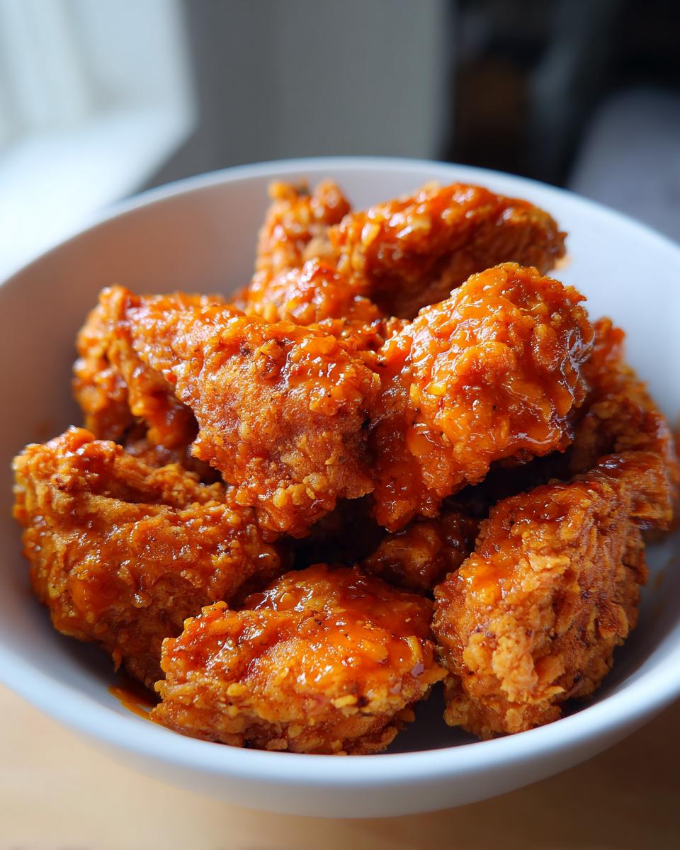 Close-up of crispy fried chicken pieces coated in glossy orange sauce, ready to eat Bang Bang Chicken.