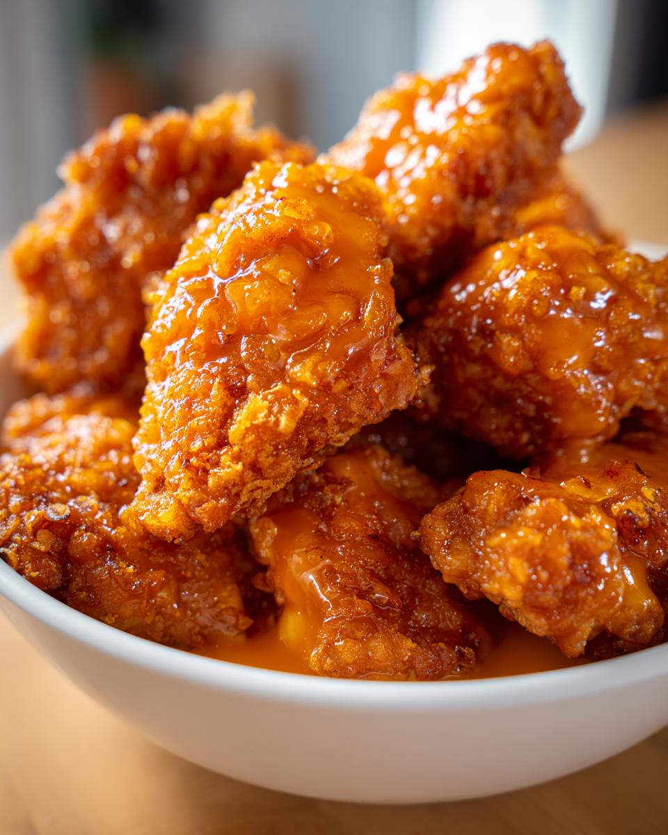 Close-up of crispy, saucy pieces of Bang Bang Chicken piled high in a white bowl.