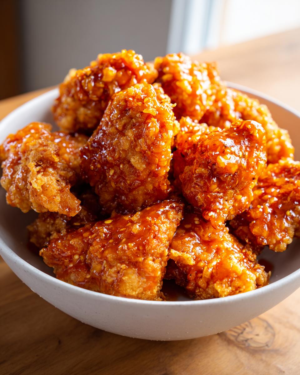 Close-up of crispy fried chicken pieces coated in a glossy, spicy orange Bang Bang Chicken sauce in a white bowl.