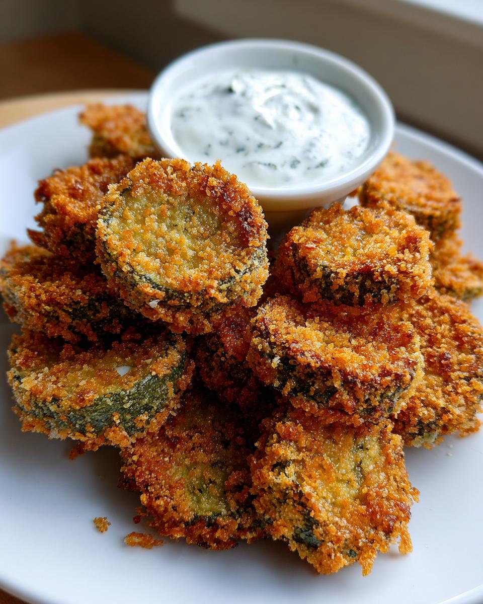 A pile of golden brown, crispy Fried Pickles served on a white plate next to a small bowl of creamy dipping sauce.