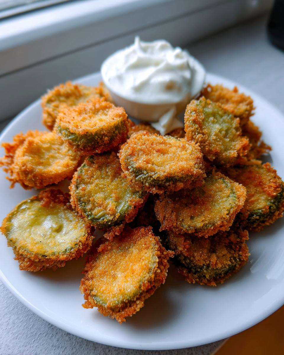 A plate piled high with golden brown, crispy Fried Pickles next to a small bowl of white dipping sauce.