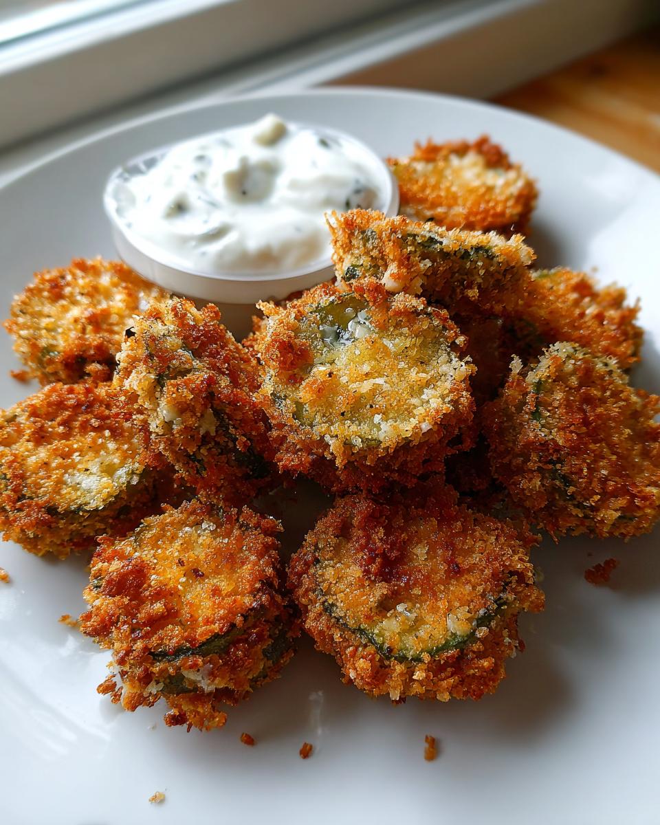 A pile of golden brown, crispy Fried Pickles served on a white plate with a side of creamy dill dipping sauce.