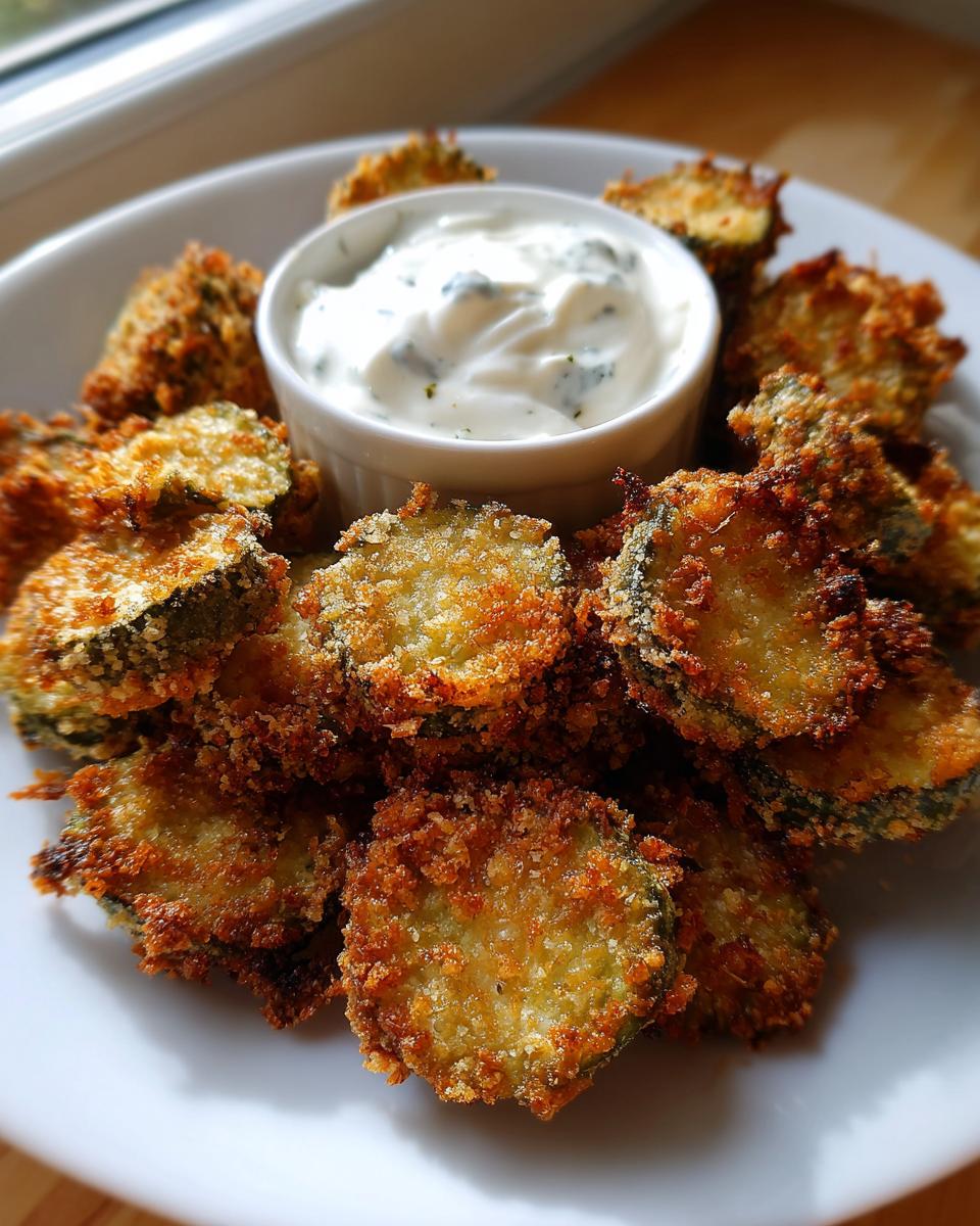 A plate piled high with golden brown, crispy Fried Pickles surrounding a small bowl of white dipping sauce.