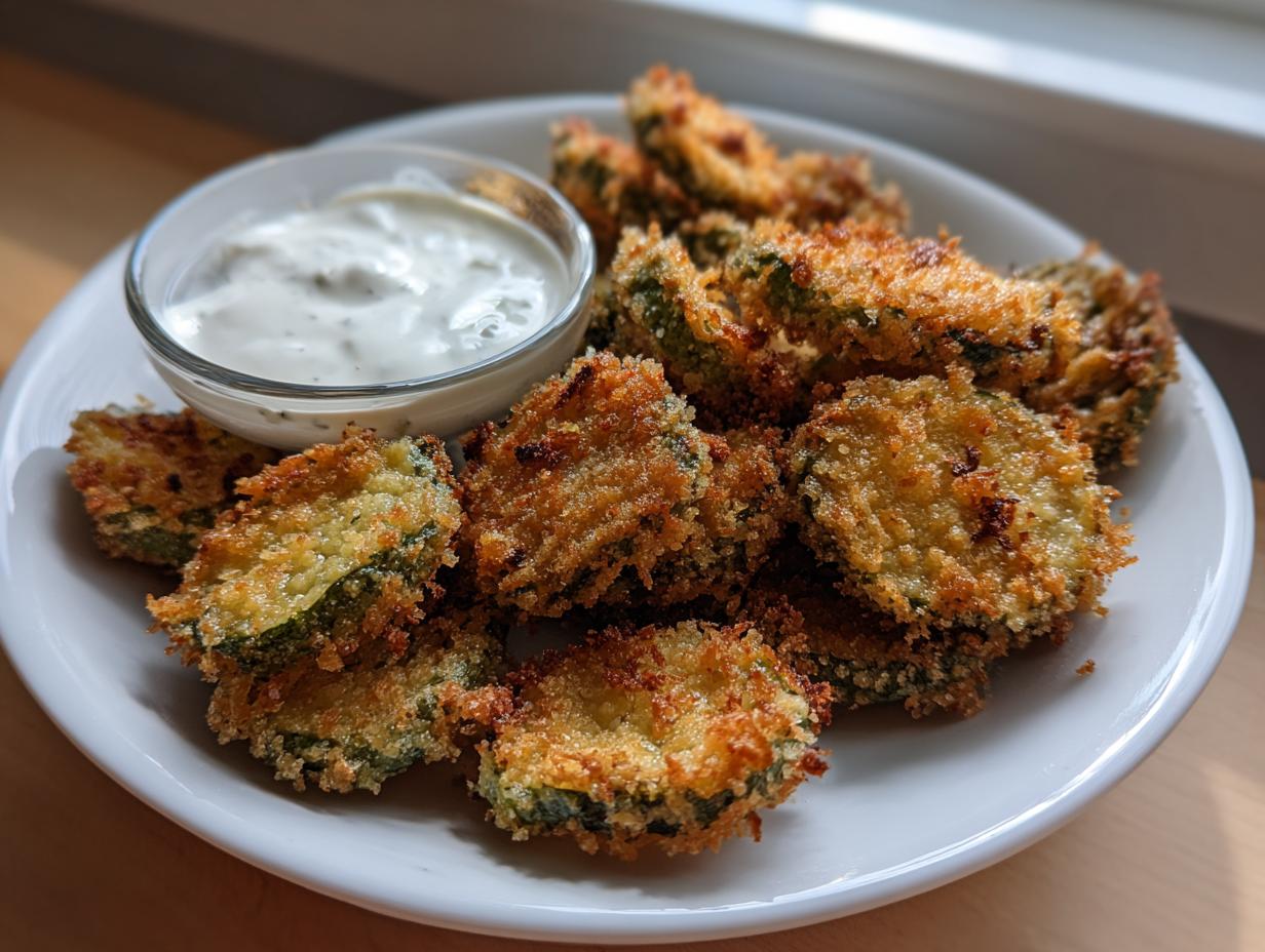 A plate piled high with golden brown, crunchy Fried Pickles next to a small bowl of creamy white dipping sauce.