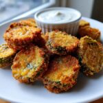A plate piled high with golden brown, crispy Fried Pickles served alongside a small ramekin of white dipping sauce.