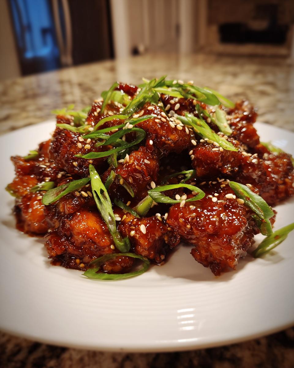 Close-up of sticky, glazed crockpot teriyaki chicken pieces topped with sliced green onions and sesame seeds.