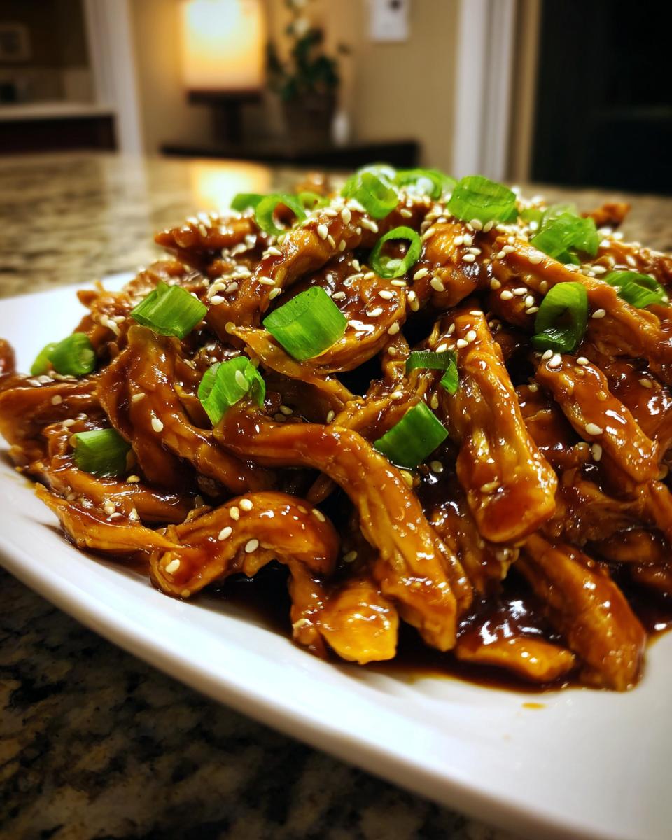 Close-up of shredded crockpot teriyaki chicken coated in glossy sauce, topped with sesame seeds and green onions.