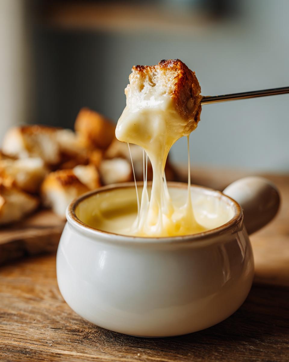 A piece of toasted bread being dipped into a pot of smooth, melted cheese fondue recipe, showing long cheese pulls.