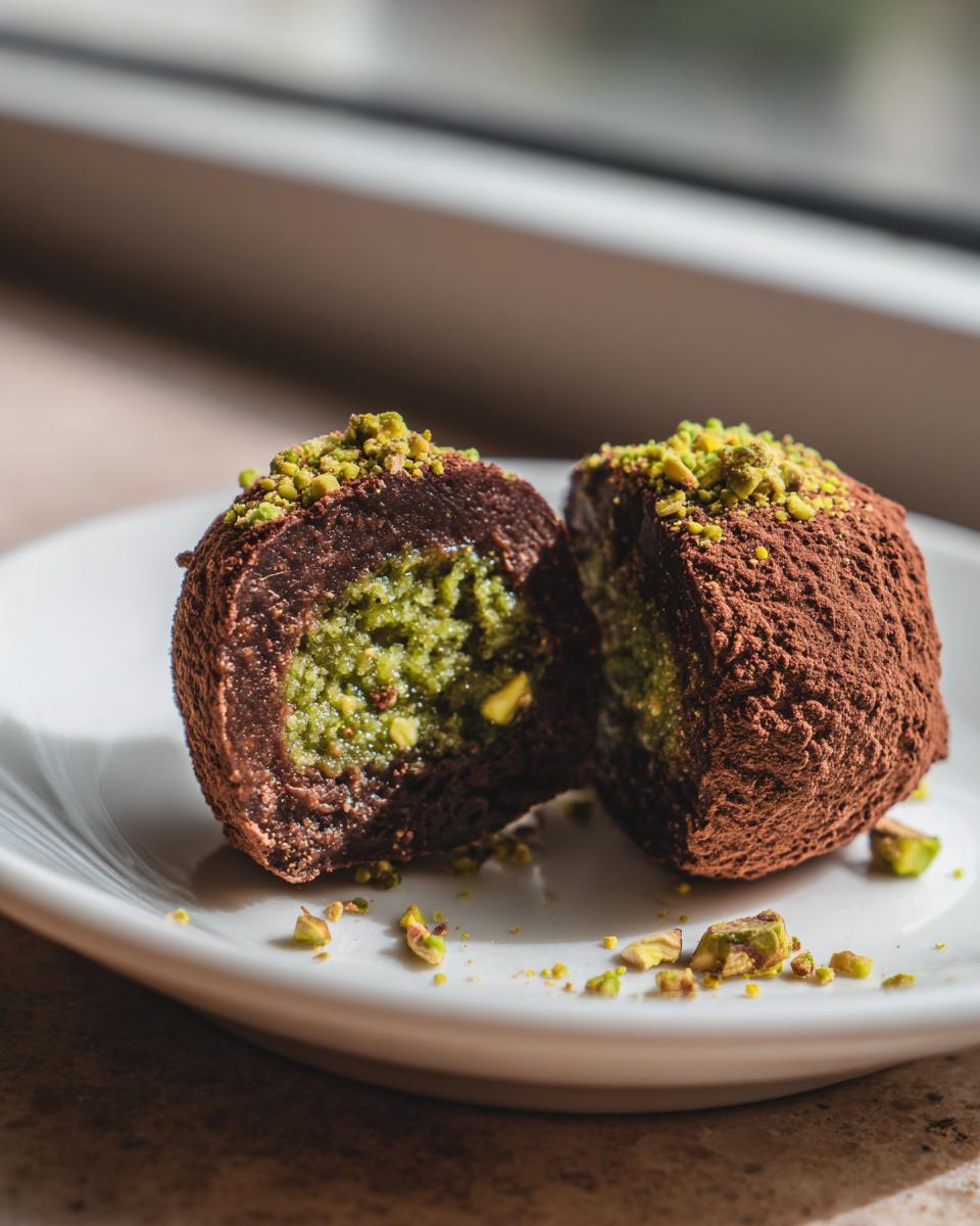 A dubai chocolate ball cut in half showing a vibrant green pistachio filling, dusted with cocoa and topped with chopped pistachios.