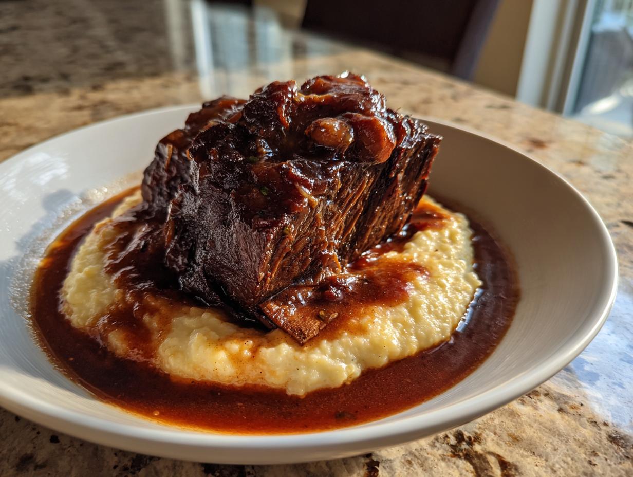 A close-up of a single, rich braised short ribs portion smothered in dark sauce, served atop creamy polenta.