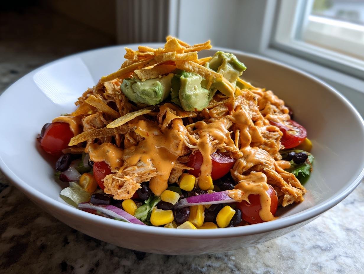 A vibrant bowl of southwest salad topped with shredded chicken, avocado, tortilla strips, and creamy orange dressing.