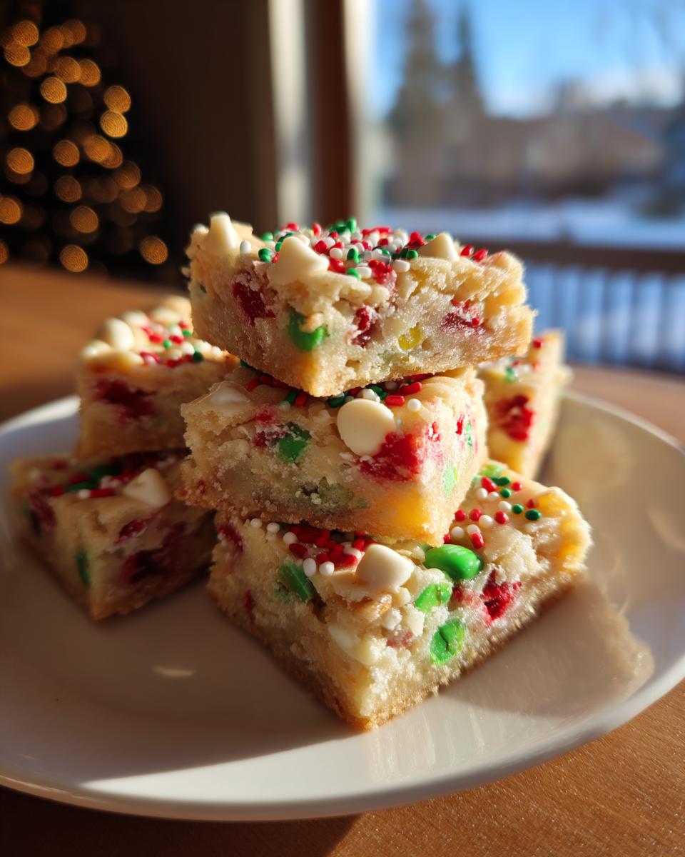 A stack of white chocolate christmas cookie bars topped with red, white, and green sprinkles, set against a window.