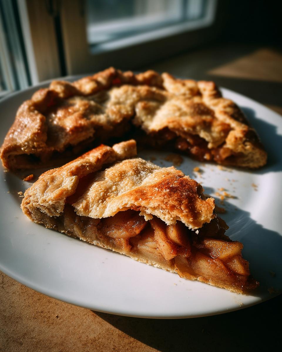 A close-up slice of a rustic apple galette showing flaky crust and caramelized apple filling.