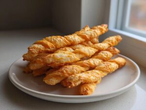 A pile of golden brown, flaky cheese straws resting on a white plate near a window.